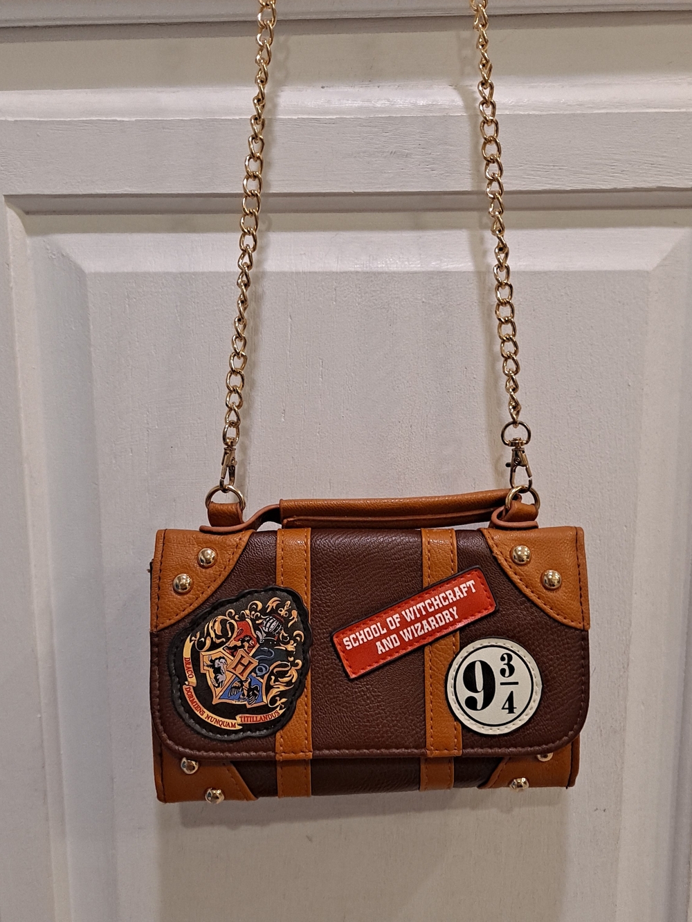 Harry Potter Hogwarts Brown Tan Wizard-Themed Patch Crossbody Bag